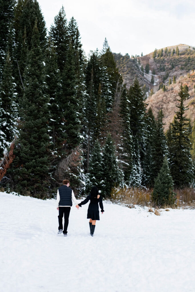 Man and woman holding hands and walking towards some trees.