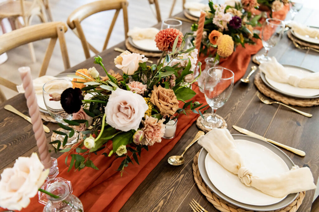 Flower arrangements on a wedding reception table